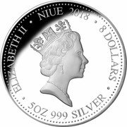 Niue 8 Dollars Year of the Dog 2018  Proof ELIZABETH II NIUE 2018 8 DOLLARS 5 OZ 999 SILVER coin obverse Niue 8 Dollars Year of the Dog 2018  Proof ELIZABETH II NIUE 2018 8 DOLLARS 5 OZ 999 SILVER coin obverse