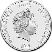 Niue Five Dollars Death Star 2018 Proof, High Relief ELIZABETH II NIUE FIVE DOLLARS IRB 2018 coin obverse Niue Five Dollars Death Star 2018 Proof, High Relief ELIZABETH II NIUE FIVE DOLLARS IRB 2018 coin obverse