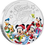 Niue One Dollar (Mickey Season's Greetings) 1/2 OZ 999 FINE SILVER © DISNEY SEASONS GREETINGS coin reverse Niue One Dollar (Mickey Season's Greetings) 1/2 OZ 999 FINE SILVER © DISNEY SEASONS GREETINGS coin reverse