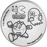Niue Two Dollars (Pac-Man - Elizabeth II) 1 OZ.999 FINE SILVER 40 PAC-MAN TM 40TH ANNIVERSARY PAC-MAN TM & ©BNEI coin reverse Niue Two Dollars (Pac-Man - Elizabeth II) 1 OZ.999 FINE SILVER 40 PAC-MAN TM 40TH ANNIVERSARY PAC-MAN TM & ©BNEI coin reverse