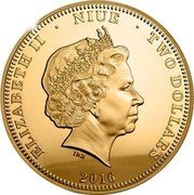 Niue Two Dollars (Queen Elizabeth II 90th Birthday) ELIZABETH II TWO DOLLARS NIUE IRB 2016 coin obverse Niue Two Dollars (Queen Elizabeth II 90th Birthday) ELIZABETH II TWO DOLLARS NIUE IRB 2016 coin obverse