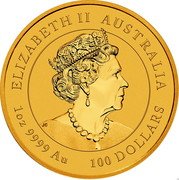 Australia 100 Dollars Year of the Rabbit 2023 P In Sets only 100 DOLLARS 1 OZ 9999 AU AUSTRALIA ELIZABETH II JC coin obverse Australia 100 Dollars Year of the Rabbit 2023 P In Sets only 100 DOLLARS 1 OZ 9999 AU AUSTRALIA ELIZABETH II JC coin obverse
