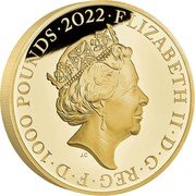 UK 1000 Pounds (London) ELIZABETH II D G REG F D 1000 POUNDS 2022 coin obverse UK 1000 Pounds (London) ELIZABETH II D G REG F D 1000 POUNDS 2022 coin obverse