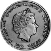 Tuvalu 5 Dollars Aphrodite. Goddess of Love 2022 P QUEEN ELIZABETH II IRB 5 OZ 9999 AG 2022 TUVALU 5 DOLLARS coin obverse