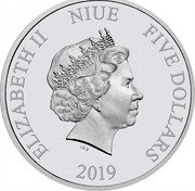 Niue Five Dollars Elizabeth II Donald Duck 2019  Proof ELIZABETH II NIUE FIVE DOLLARS IRB 2019 coin obverse Niue Five Dollars Elizabeth II Donald Duck 2019  Proof ELIZABETH II NIUE FIVE DOLLARS IRB 2019 coin obverse