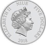 Niue Five Dollars Mickey Mouse 2018 Proof ELIZABETH II NIUE FIVE DOLLARS IRB 2018 coin obverse Niue Five Dollars Mickey Mouse 2018 Proof ELIZABETH II NIUE FIVE DOLLARS IRB 2018 coin obverse