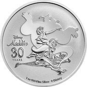 Niue Two Dollars (Aladdin and Friends) DISNEY ALADDIN 30 YEARS 1 OZ 999 FINE SILVER © DISNEY coin reverse