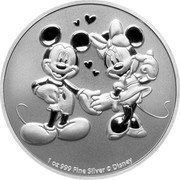 Niue Two Dollars Elizabeth II Mickey & Minnie 2020  BU 1 OZ 999 FINE SILVER © DISNEY coin reverse