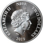 Niue Two Dollars (Elizabeth II Roaring Lion) ELIZABETH II NIUE TWO DOLLARS IRB 2019 coin obverse Niue Two Dollars (Elizabeth II Roaring Lion) ELIZABETH II NIUE TWO DOLLARS IRB 2019 coin obverse