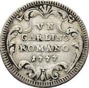 Italy Carlino Pius Sixth 1777 V N CARLINO ROMANO 1777 coin reverse Italy Carlino Pius Sixth 1777 V N CARLINO ROMANO 1777 coin reverse