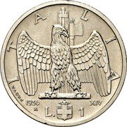 Italy 1 Lira (Vittorio Emanuele III Trial strike) KM# Pr61 ITALIA PROVA 1936 XIV R L. 1 coin reverse Italy 1 Lira (Vittorio Emanuele III Trial strike) KM# Pr61 ITALIA PROVA 1936 XIV R L. 1 coin reverse