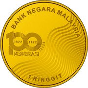 Malaysia 1 Ringgit 100th Anniversary of Cooperative Movement 2022 BANK NEGARA MALAYSIA 100 1922 2022 TAHUN KOPERASI 1 RINGGIT coin obverse