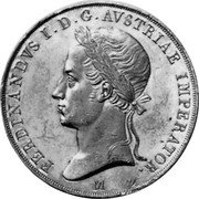 Italy 1 Scudo (Lombardy Venetia Ferdinand I Pattern) KM# TS13 FERDINANDVS I D G AVSTRIAE IMPERATOR M coin obverse Italy 1 Scudo (Lombardy Venetia Ferdinand I Pattern) KM# TS13 FERDINANDVS I D G AVSTRIAE IMPERATOR M coin obverse
