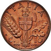 Italy 10 Centesimi Vittorio Emanuele III 1st Type. Trial Strike 1936 R XIV KM# Pn58 ITALIA PROVA R C. 10 1936 XIV G.ROMAGNOLI coin reverse