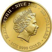 Niue 100 Dollars - Elizabeth II Kangaroo 2019  Proof ELIZABETH II NIUE 2019 100 DOLLARS IRB 1OZ 9999 GOLD coin obverse Niue 100 Dollars - Elizabeth II Kangaroo 2019  Proof ELIZABETH II NIUE 2019 100 DOLLARS IRB 1OZ 9999 GOLD coin obverse