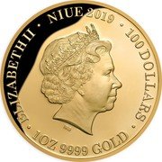 Niue 100 Dollars (First Reigning Monarch to Visit Australia) ELIZABETH II NIUE 2019 100 DOLLARS IRB 1OZ 9999 GOLD coin obverse Niue 100 Dollars (First Reigning Monarch to Visit Australia) ELIZABETH II NIUE 2019 100 DOLLARS IRB 1OZ 9999 GOLD coin obverse