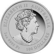 Australia 100 Dollars Year of the Rabbit 2023 P 100 DOLLARS 1 OZ 9995 PT AUSTRALIA ELIZABETH II JC coin obverse Australia 100 Dollars Year of the Rabbit 2023 P 100 DOLLARS 1 OZ 9995 PT AUSTRALIA ELIZABETH II JC coin obverse