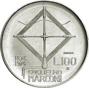 Italy 100 Lire (Guglielmo Marconi. Trial Strike. Prova) KM# Pr89 PROVA 1874 1974 L.100 GUGLIELMO MARCONI coin reverse Italy 100 Lire (Guglielmo Marconi. Trial Strike. Prova) KM# Pr89 PROVA 1874 1974 L.100 GUGLIELMO MARCONI coin reverse