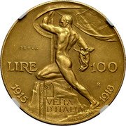 Italy 100 Lire Vittorio Emanuele III 1925R KM# Pr34 PROVA LIRE 100 1915 VEITA D'ITALIA 1918 R coin reverse Italy 100 Lire Vittorio Emanuele III 1925R KM# Pr34 PROVA LIRE 100 1915 VEITA D'ITALIA 1918 R coin reverse