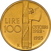 Italy 100 Lire (Vittorio Emanuele III) KM# Pr33 LIRE 100 OTTOBRE 1922 1923 R P coin reverse Italy 100 Lire (Vittorio Emanuele III) KM# Pr33 LIRE 100 OTTOBRE 1922 1923 R P coin reverse