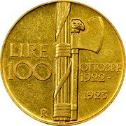 Italy 100 Lire (Vittorio Emanuele III) KM# Pr32 LIRE 100 OTTOBRE 1922 1923 R coin reverse Italy 100 Lire (Vittorio Emanuele III) KM# Pr32 LIRE 100 OTTOBRE 1922 1923 R coin reverse