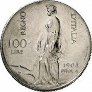 Italy 100 Lire Vittorio Emanuele III. Prova 1908 (M) KM# Pr11 REGNO D'ITALIA 100 LIRE 1908 PROVA coin reverse Italy 100 Lire Vittorio Emanuele III. Prova 1908 (M) KM# Pr11 REGNO D'ITALIA 100 LIRE 1908 PROVA coin reverse