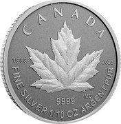 Canada 2 Dollars 35 years of the Silver Maple Leaf 2023 in set MC CANADA 9999 FINE SILVER 1/10 OZ ARGENT PUR coin reverse Canada 2 Dollars 35 years of the Silver Maple Leaf 2023 in set MC CANADA 9999 FINE SILVER 1/10 OZ ARGENT PUR coin reverse