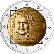 Italy 2 Euro 150th Anniversary of the Birth of Maria Montessori 2020 R Proof 1870 RI MARIA MONTESSORI R LDS 2020 coin obverse