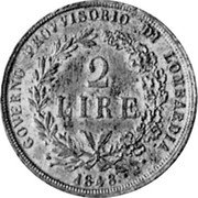 Italy 2 Lire Lombardy Venetia 1848M KM# Pn7 GOVERNO PROVVISORIO DI LOMBARDIA 2 LIRE ITALIANE 1848 coin obverse