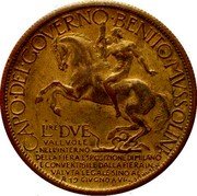 Italy 2 Lire Vittorio Emanuele III 1928 LIRE DVE VALEVOLE NELL'INTERNO DELLA FIERA ESPOSIZIONE DI MILANO E CONVERTIBILE DALLA FIERAIN VALVTA LEGALE SONO AL TE 19 GIVGNO A VI CAPO DEL GOVERNO BENITO MVSSOLINI coin reverse