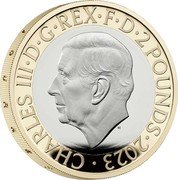 UK 2 Pounds (Flying Scotsman Centenary) CHARLES III D G REX F D 2 POUNDS 2023 MJ coin obverse UK 2 Pounds (Flying Scotsman Centenary) CHARLES III D G REX F D 2 POUNDS 2023 MJ coin obverse