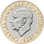 UK 2 Pounds JRR Tolkien 2023 CHARLES III D G REX F D 2 POUNDS 2023 coin obverse UK 2 Pounds JRR Tolkien 2023 CHARLES III D G REX F D 2 POUNDS 2023 coin obverse
