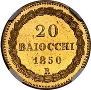 Italy 20 Baiocchi Pius IX Pattern 1850 R 20 BAIOCCHI 1850 R coin reverse Italy 20 Baiocchi Pius IX Pattern 1850 R 20 BAIOCCHI 1850 R coin reverse