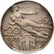 Italy 20 Centesimi (Vittorio Emanuele III Pattern) KM# Pn10 C.20 1907 L PROVA S J coin reverse Italy 20 Centesimi (Vittorio Emanuele III Pattern) KM# Pn10 C.20 1907 L PROVA S J coin reverse