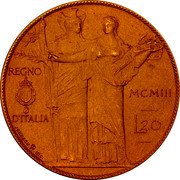 Italy 20 Lire Vittorio Emanuele III 1903 KM# Pr1 REGNO D'ITALIA MCMIII L 20 coin reverse Italy 20 Lire Vittorio Emanuele III 1903 KM# Pr1 REGNO D'ITALIA MCMIII L 20 coin reverse