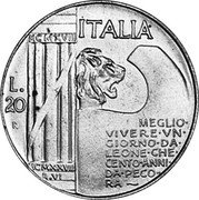 Italy 20 Lire X# 2 Republic Italy ITALIA MCMXVIII MEGLIO VIVERE VN GIORNO DA LEONE CHE CENTO ANNI DA PECO RA MCMXVIII A VI L20 R coin obverse Italy 20 Lire X# 2 Republic Italy ITALIA MCMXVIII MEGLIO VIVERE VN GIORNO DA LEONE CHE CENTO ANNI DA PECO RA MCMXVIII A VI L20 R coin obverse