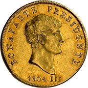 Italy 20 Lire (Napoleon Coinage Pattern) KM# Pn23 BONAPARTE PRESIDENTE 1804 III coin reverse Italy 20 Lire (Napoleon Coinage Pattern) KM# Pn23 BONAPARTE PRESIDENTE 1804 III coin reverse