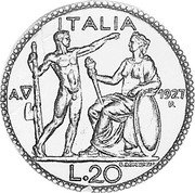 Italy 20 Lire (Prova Tecnica) KM# TS2 ITALIA AV 1927 R L 20 coin reverse Italy 20 Lire (Prova Tecnica) KM# TS2 ITALIA AV 1927 R L 20 coin reverse