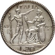 Italy 20 Lire Vittorio Emanuele III 1927R V KM# Pr46 ITALIA PROVA DI STAMPA AV 1927 R L 20 coin reverse Italy 20 Lire Vittorio Emanuele III 1927R V KM# Pr46 ITALIA PROVA DI STAMPA AV 1927 R L 20 coin reverse