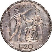 Italy 20 Lire Vittorio Emanuele III 1928R VI KM# Pr54 ITALIA AVI 1926 R L 20 coin reverse Italy 20 Lire Vittorio Emanuele III 1928R VI KM# Pr54 ITALIA AVI 1926 R L 20 coin reverse