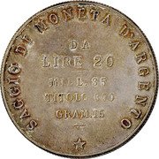 Italy 20 Lire (Vittorio Emanuele III) SAGGIO DI MONETA D'ARGENTO DA LIRE 20 MILL. 35 TITOLO 800 GRAM. 15 coin reverse Italy 20 Lire (Vittorio Emanuele III) SAGGIO DI MONETA D'ARGENTO DA LIRE 20 MILL. 35 TITOLO 800 GRAM. 15 coin reverse