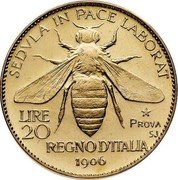 Italy 20 Lire (Vittorio Emanuele III Pattern) SEDVLA IN PACE LABORAT 20 LIRE PROVA SJ REGNO D'ITALIA 1906 coin reverse Italy 20 Lire (Vittorio Emanuele III Pattern) SEDVLA IN PACE LABORAT 20 LIRE PROVA SJ REGNO D'ITALIA 1906 coin reverse