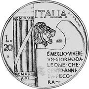Italy 20 Lire Vittorio Emanuele III. Prova 1928R VI KM# Pr51 ITALIA LA PROVA L 20 MCMXXAVI E MEGLIO VIVERE VN GIORNO DA LEONE CHE CENTO ANNI DA PECO RA MCMXVIII coin reverse Italy 20 Lire Vittorio Emanuele III. Prova 1928R VI KM# Pr51 ITALIA LA PROVA L 20 MCMXXAVI E MEGLIO VIVERE VN GIORNO DA LEONE CHE CENTO ANNI DA PECO RA MCMXVIII coin reverse