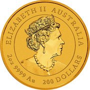 Australia 200 Dollars Year of the Rabbit 2023 P 200 DOLLARS 2 OZ 9999 AU AUSTRALIA ELIZABETH II JC coin obverse Australia 200 Dollars Year of the Rabbit 2023 P 200 DOLLARS 2 OZ 9999 AU AUSTRALIA ELIZABETH II JC coin obverse