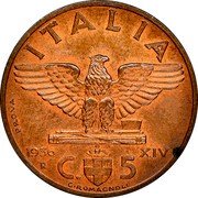 Italy 5 Centesimi (Vittorio Emanuele III. Prova) KM# Pr57 ITALIA C 5 G ROMAGNOLI PROVA 1936 R XIV coin reverse