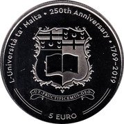 Malta 5 Euro (250th Anniversary of University of Malta) 1769 - 2019 250TH ANNIVERSARY 5 EURO L-UNIVERSITÀ TA' MALTA UT FRUCTIFICEMUS DEO coin reverse Malta 5 Euro (250th Anniversary of University of Malta) 1769 - 2019 250TH ANNIVERSARY 5 EURO L-UNIVERSITÀ TA' MALTA UT FRUCTIFICEMUS DEO coin reverse