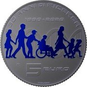 Italy 5 Euro (30th Anniversary of the Telethon Foundation) 30 ANNI DI RICERCA 1990 2020 5 EURO MOMONI R coin reverse