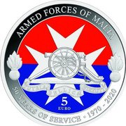 Malta 5 Euro (50th Anniversary of Armed Forces) ARMED FORCES OF MALTA 50 YEARS OF SERVICE 1970-2020 5 EURO NGR TUTELA BELLICÆ VIRTUTIS coin reverse Malta 5 Euro (50th Anniversary of Armed Forces) ARMED FORCES OF MALTA 50 YEARS OF SERVICE 1970-2020 5 EURO NGR TUTELA BELLICÆ VIRTUTIS coin reverse
