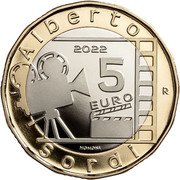 Italy 5 Euro Alberto Sordi 2022 R Proof ALBERTO SORDI 2022 5 EURO R coin reverse