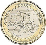 Italy 5 Euro (Fausto Coppi) FAUSTO COPPI 1919-2019 5 EURO R ROSA È LA SUA MAGLIA coin reverse Italy 5 Euro (Fausto Coppi) FAUSTO COPPI 1919-2019 5 EURO R ROSA È LA SUA MAGLIA coin reverse